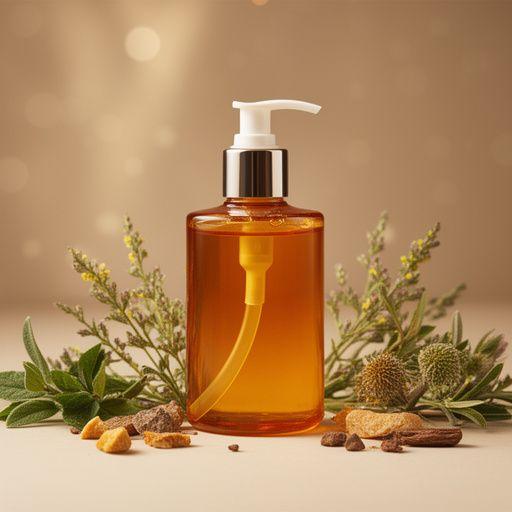 Reinigungsöl in einer bernsteinfarbenen Glasflasche mit Botanicals und weichen Lichtreflexen in einem Atelier