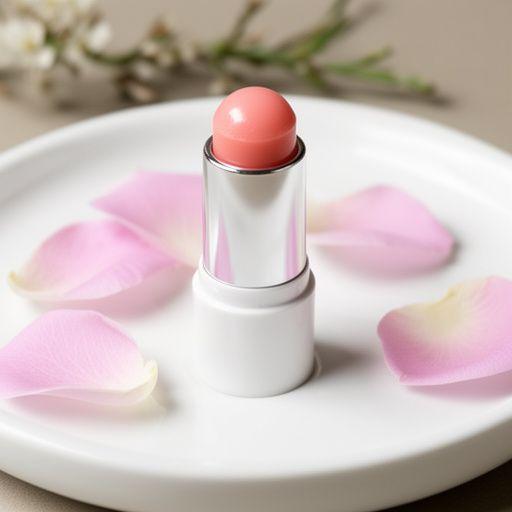 Lippenbalsam mit sanft glänzender Oberfläche neben kleinen Blüten auf einem weissen Keramikteller