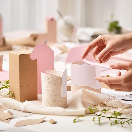 Creative designer reviewing sustainable skincare packaging mockups with natural textures