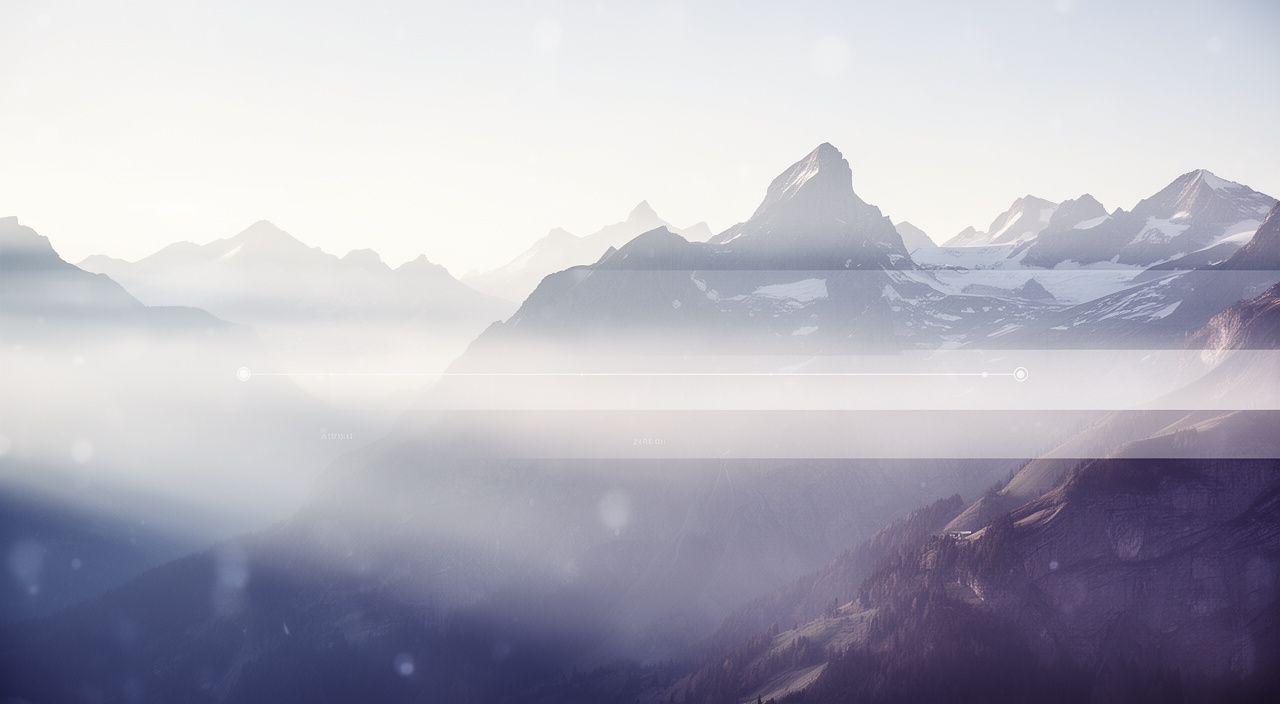 Swiss mountain landscape behind a misty glass overlay with pale morning light