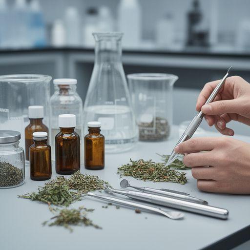 Laboratory skincare formulator arranging botanical extracts and stainless tools on a clean bench