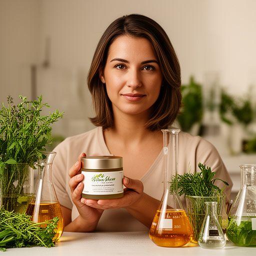 Founding woman in a Zurich studio holding a botanical cream jar beside glass beakers