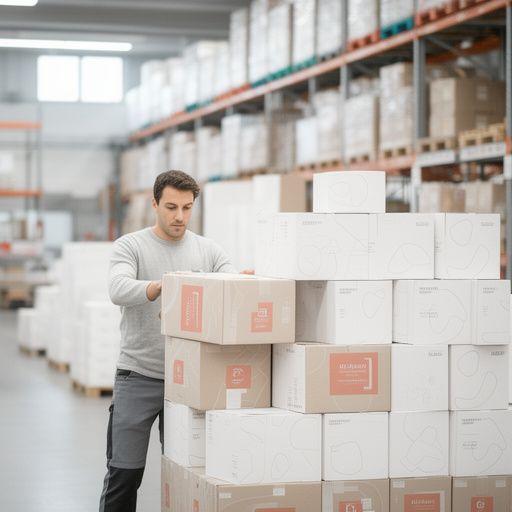 Logistics specialist stacking recyclable skincare parcels in a bright Zürich warehouse