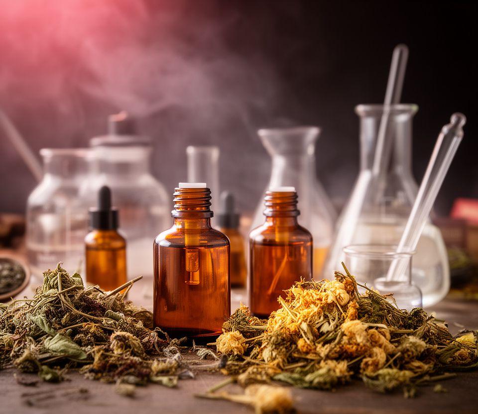 Botanical skincare workshop in Zürich with amber bottles, dried herbs and soft mountain light