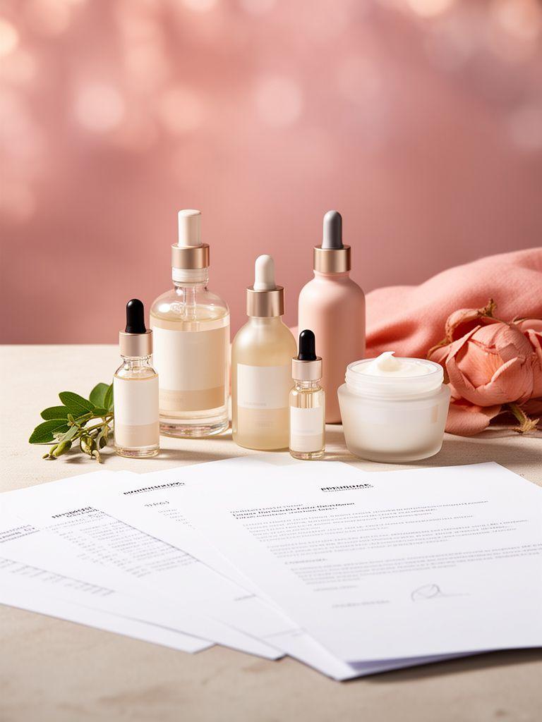 Elegant arranged organic skincare products and legal documents on a softly lit studio table in Zürich