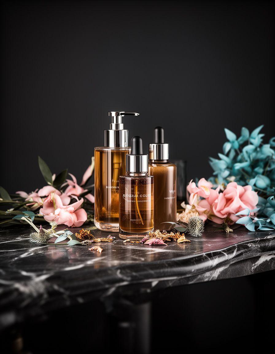 Handgefertigte Bio-Hautpflegeprodukte auf einer dunklen Marmorkonsole mit Botanicals und Glasflakons in Zürich