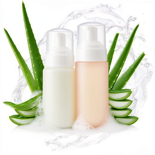 Sanfter Reinigungsschaum und Tonerflasche mit Aloe Vera in einem hellen Pflege-Arrangement